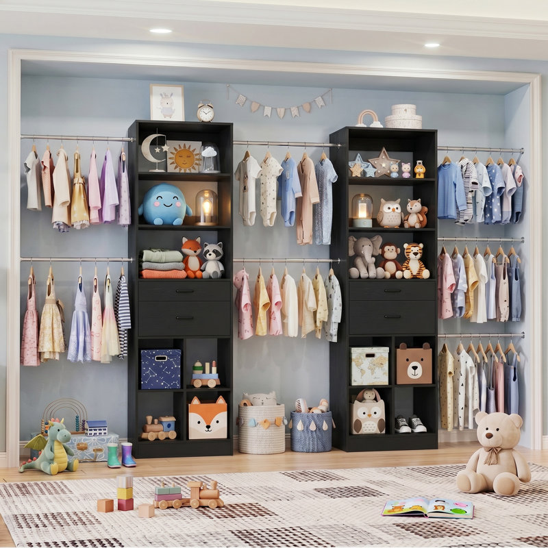 38.9-48.9”Closet System With Adjustable Rods & Drawers, Black