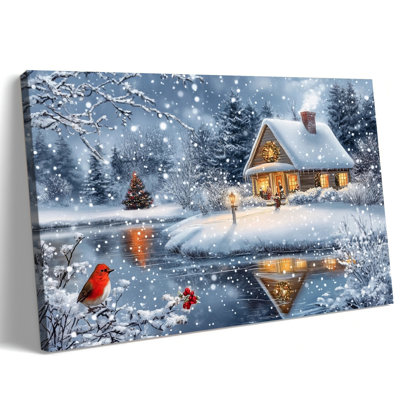 Abiella – Winter Cottage Scene Picture Prints Painting, Festive Holiday Artwork, Christmas Tree, Snowy Landscape Poster for Living Room Bedroom Holiday Decor Ready to Hang, 12×16 Inches