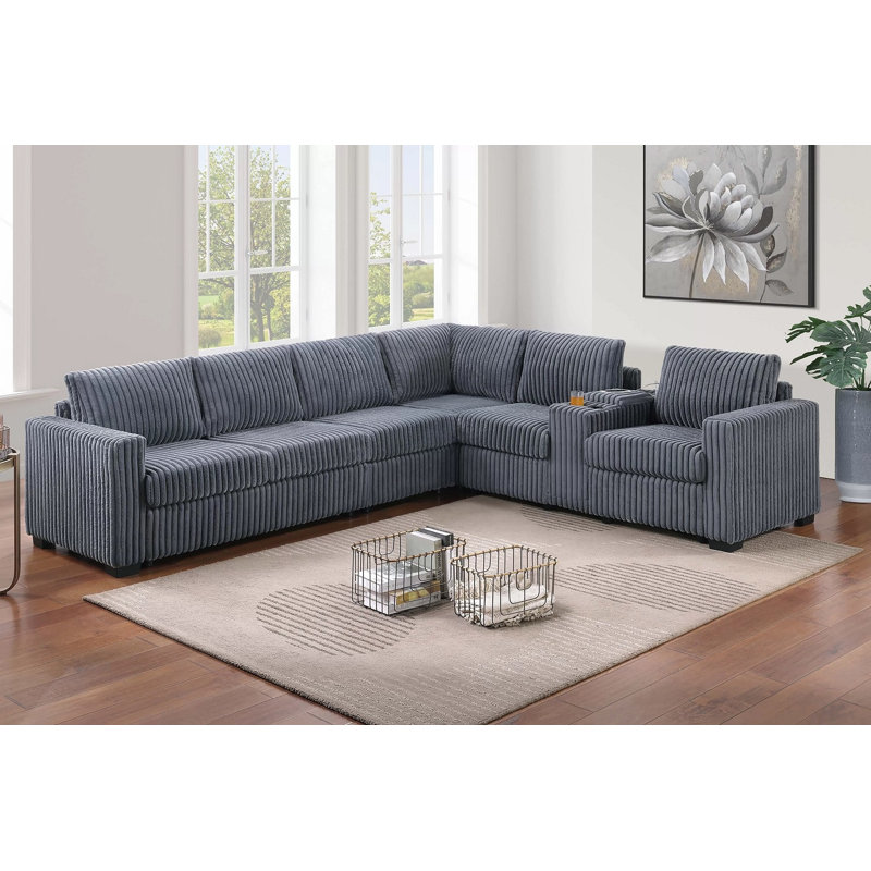 Fairford 4-piece Dark Gray Jumbo Corduroy Sectional With Usb Console, Gray Corduroy