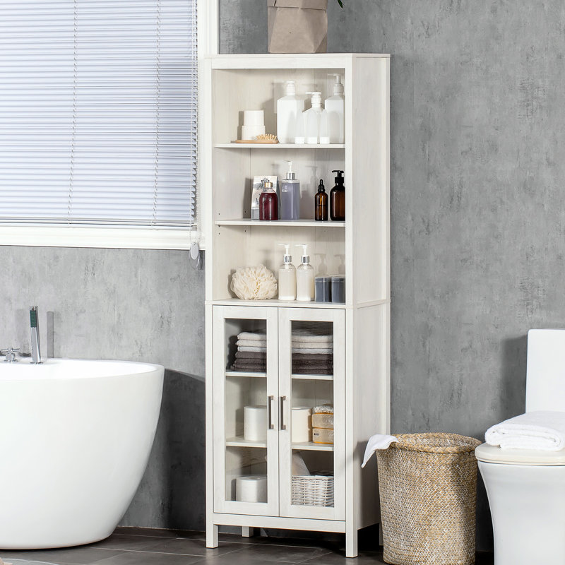 Tall Bathroom Linen Cabinet , 3 Tier Shelf With Glass Door, Freestanding, Adjustable Shelves, Antique White, Space Saving Accent Piece Cabinet, Door For Modern Organization