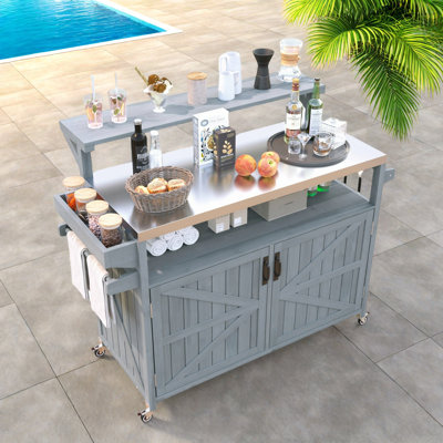 Outdoor Kitchen Island With Raised Shelf, Stainless Steel Top, Internal Storage Racks, Adjustable Shelves And Spice Rack by Gracie Oaks
