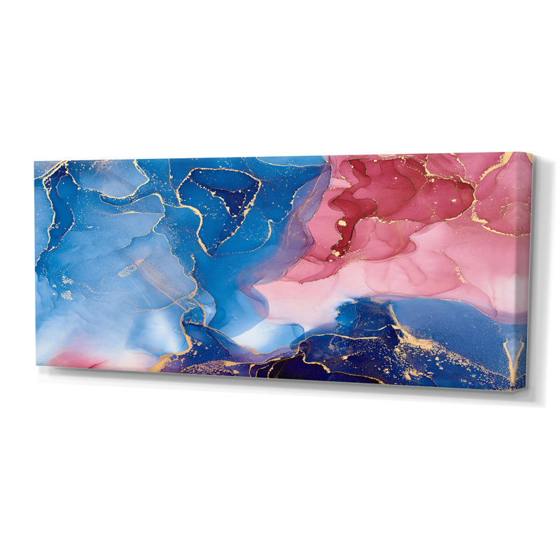 Bleu et mauve luxueux abstrait fluide II - peinture sur toile, H 28 po x l 60 po x P 1,5 po, Toile tendue