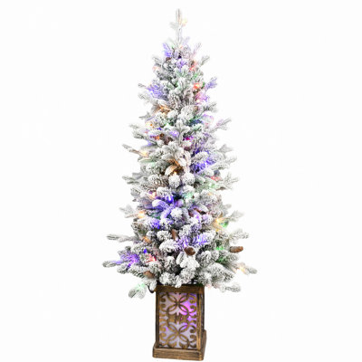 Arbre de Noël floqué avec lumières DEL multicolores, 396 pointes, base scintillante, 100 lumières, pommes de pin, bassin coloré lumineux, décoration des Fêtes facile à assembler