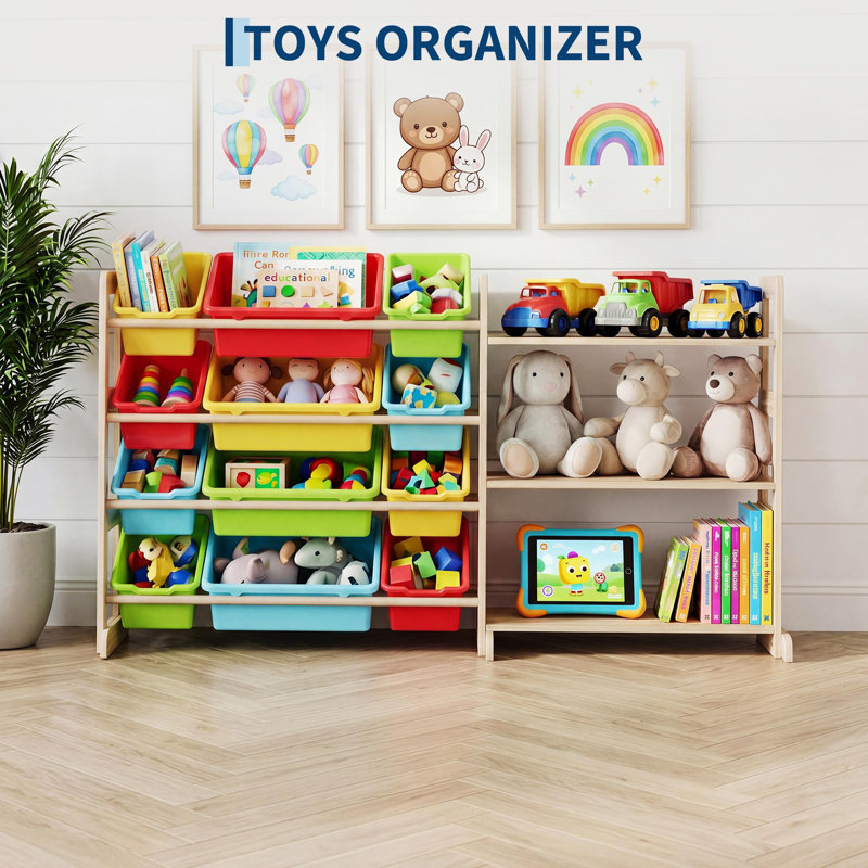 Rangement pour jouets d'enfants, 12 bacs et 3 étagères, bois massif, 142 cm de large