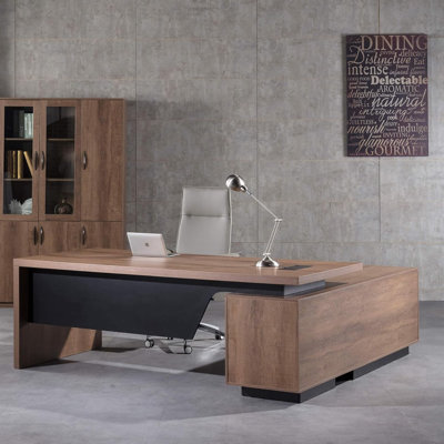 Retractable L-Shaped Executive Desk, Dual Home and Commercial Use Desk with Drawers and Lateral File Cabinet, Large Computer Desk /Workstation by Hokku Designs