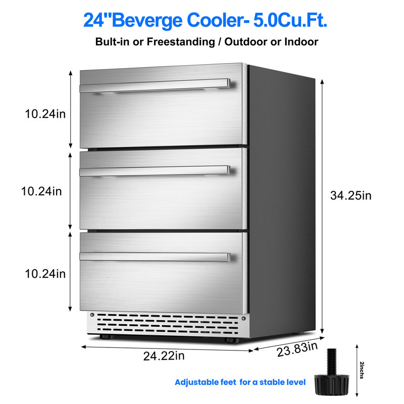 3 Drawer Outdoor Beverage Refrigerator Undercounter, Hold 180 Cans 24 Inch Weather Proof Stainless Steel Beverage Fridge, Built-in & Freestanding Beverage Cooler Fridge