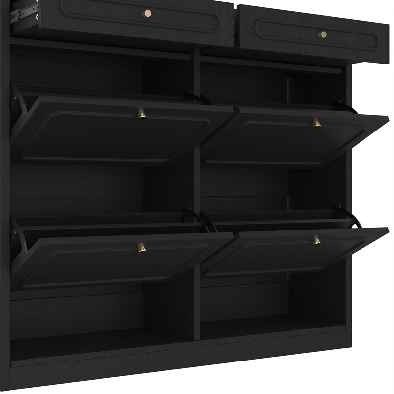 Farmhouse Black Wooden Shoe Cabinet With 4 Flip Drawers And 2 Storage Drawers | Gift Idea, Black