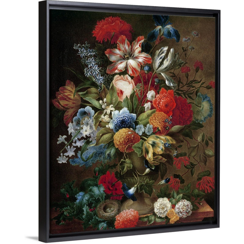 «Flower Still Life with Bird Nest» par Ottmar Elliger, reproduction sur toile, H 16 po x l 13 po x P 1,75 po, Cadre noir