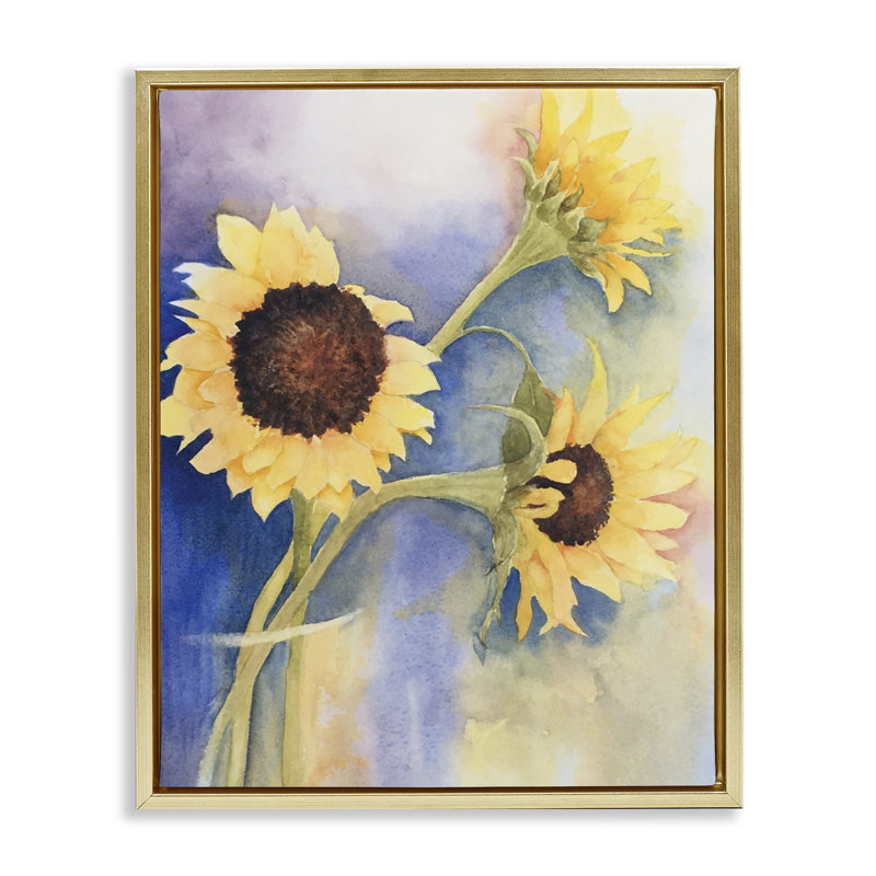 Trio de tournesols dans un vase, cadre par Stephanie Fielden, H 31 po x l 25 po, Cadre flottant métallique doré