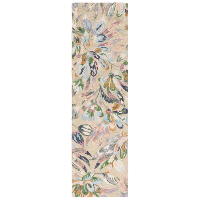 Lyia Hand Tufted Wool/Cotton Floral Rug in Blue/Green/Beige, Runner 2'3" x 5"
