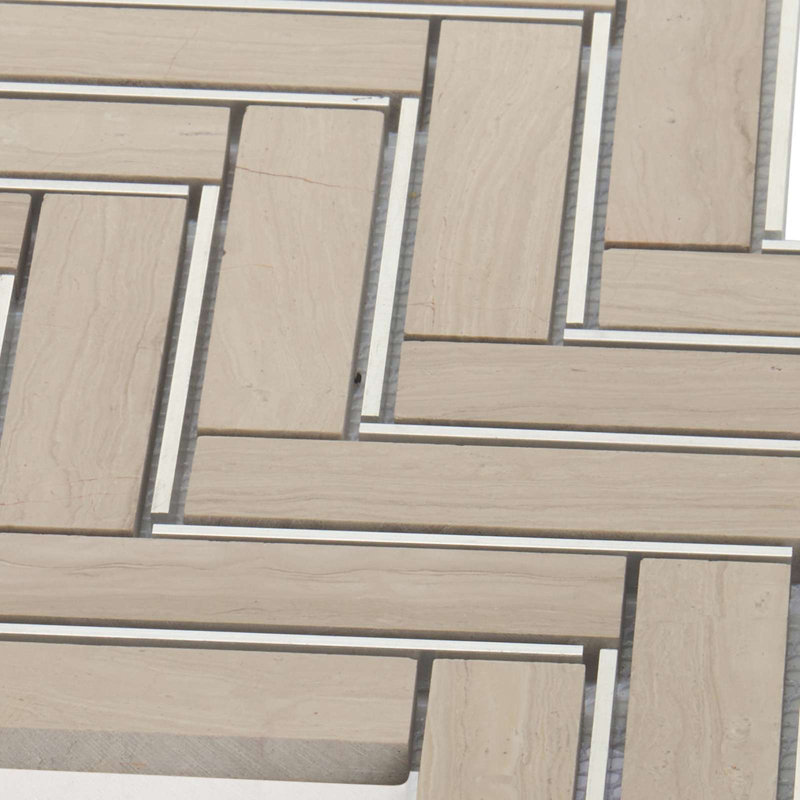 1" x 12" Natural Stone Mosaic Sheet Tile, White/Oak