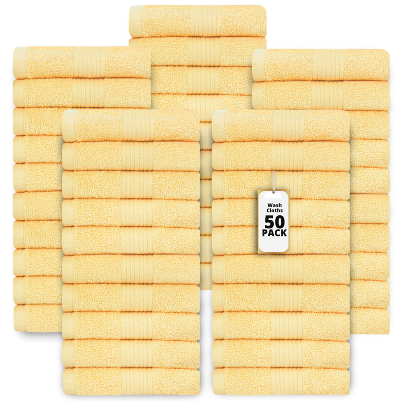 Lingettes 100% coton 600 g / m² 12 x 12 pouces, absorbant doux et à séchage rapide, Jaune, Ensemble de serviettes 50 pièces
