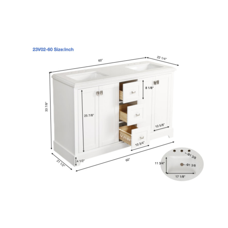 Meuble-lavabo double 60 po avec plateau en marbre de Carrare Taneli