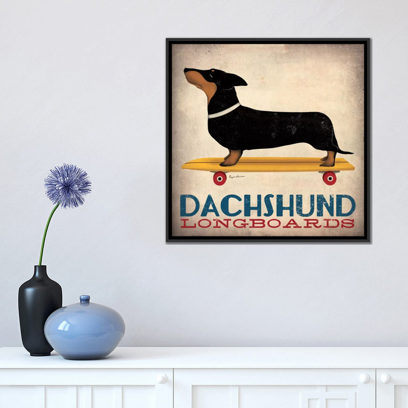 Inconnu, «Dachshund Longboard», impression sur toile tendue, Toile avec cadre noir, Pas de tapis