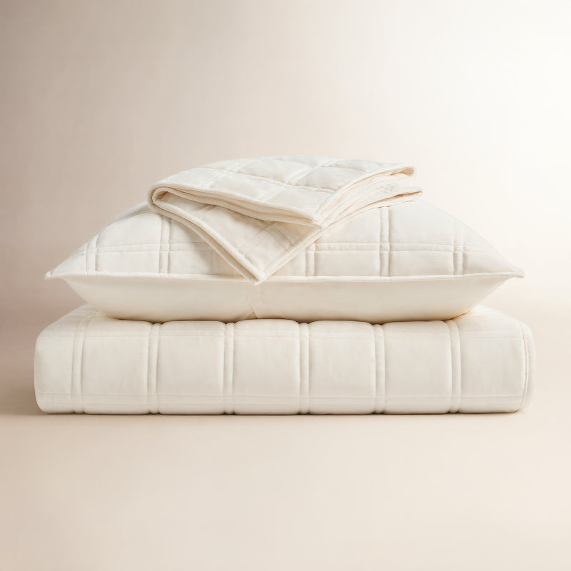Ensemble de courtepointe en velours double, Courtepointe très grand + 2 très grandes taies d, Blanc, crème