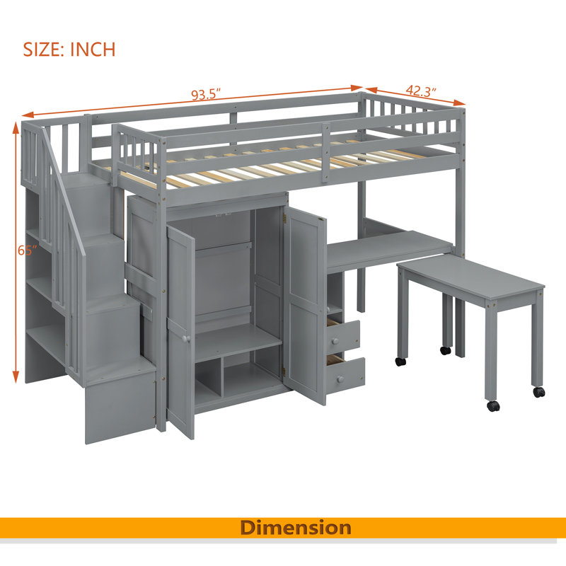 Lit mezzanine avec escalier, Gris, Lit simple