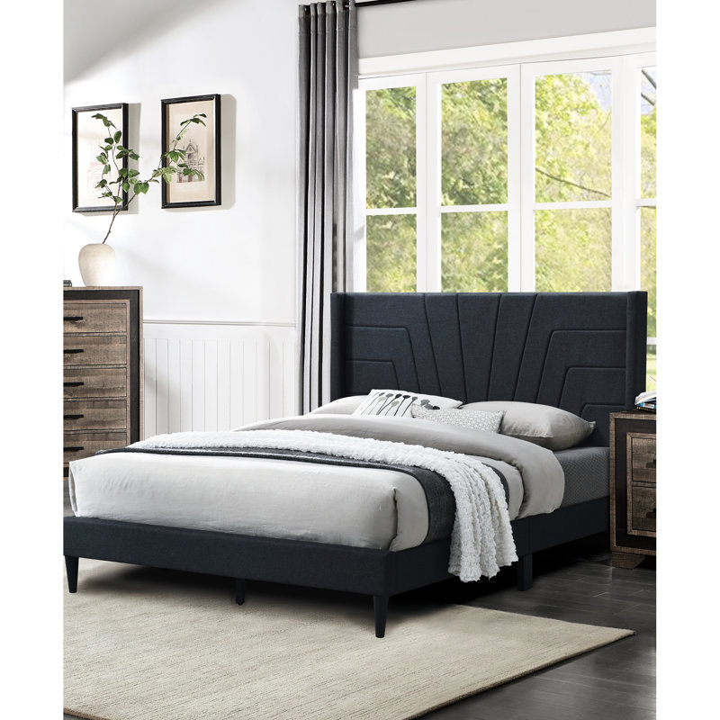 Lit plateforme contemporain: lit double tapissier en toile de jute, Gris anthracite