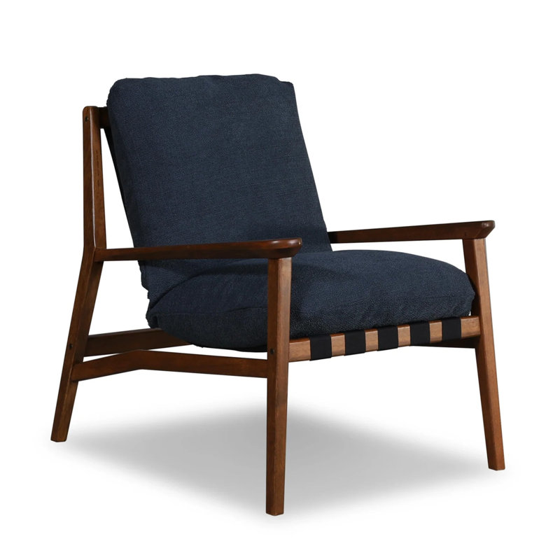 Mid Century Solid Wood Lounge Chair, Indigo Blue Linen Blend, Beechwood