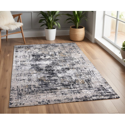 Tapis abstrait gris et blanc 4 pi x 6 pi beige