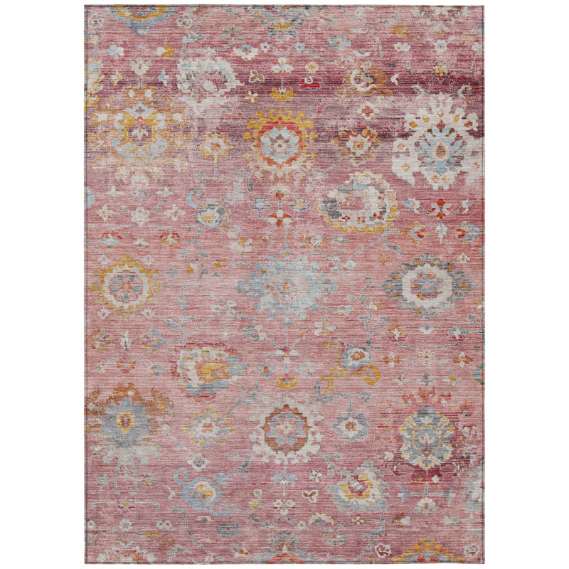 Tapis extérieur lavable floral rose et doré 9 pi x 12 pi rose