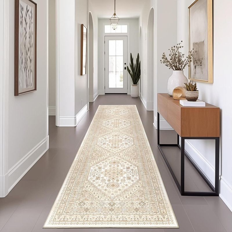 Medallion Non Slip Washable Rug(Cream), Runner 2' x 8'
