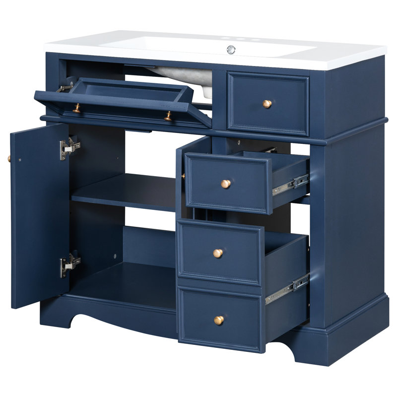 Meuble-lavabo bleu 36 po - Lavabo en résine et structure en bois massif 3 tiroirs