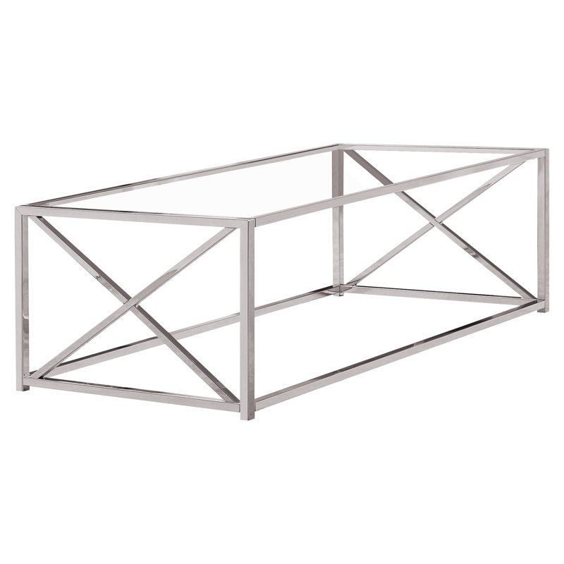 Table basse, accent, cocktail, rectangulaire, salon, L 44 po, verre trempé transparent, métal chromé, contemporain, moderne
