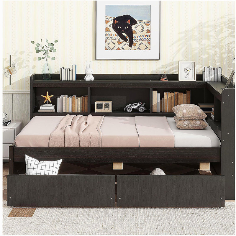 L-shaped bunk bed with power outlet, USB charging port, and two drawers, Twin, Espresso