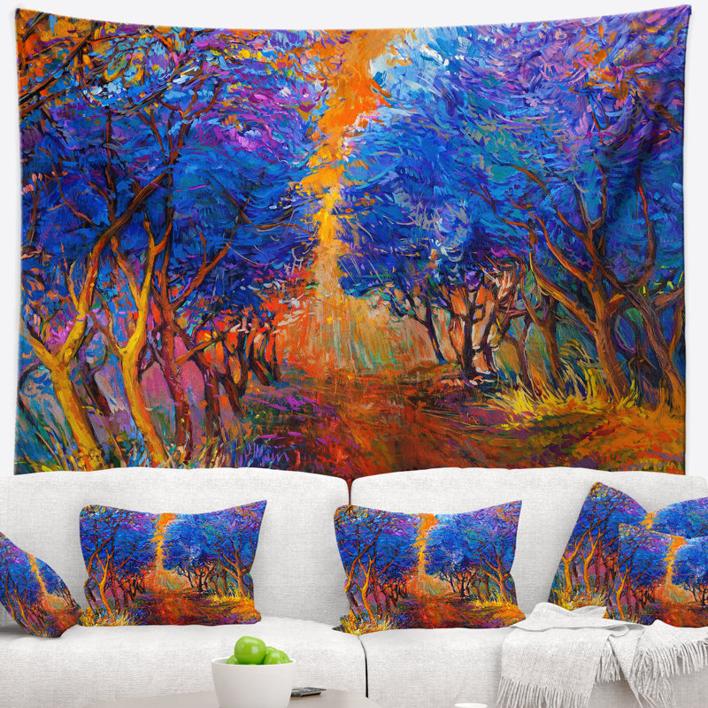 Tapisserie bleue de forêt d'automne de paysage, H 32 po x l 39 po