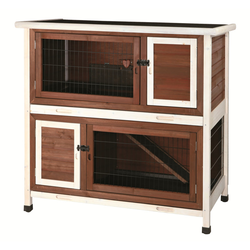 Auburn and White 2-Story Wooden Guinea Pig Hutch with Ramp
