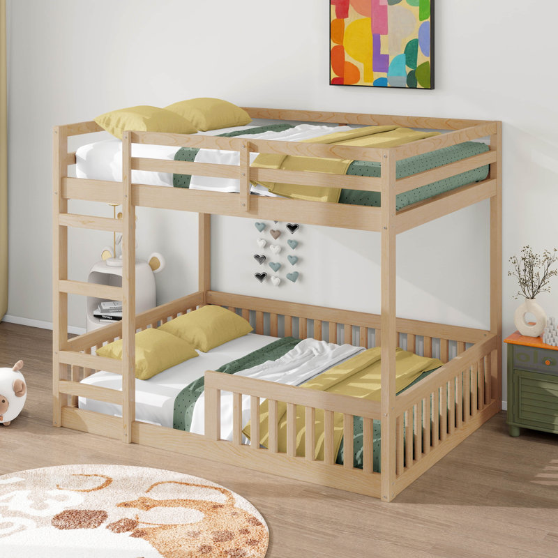 Full Over Full Wood Bunk Bed, Low Bunk Bedwith Ladder And Guardrails, Wooden Bunk Bed, Natural