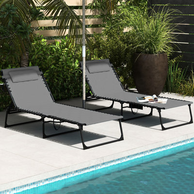 Gray Foldable Lounge Bed With Adjustable Back, Padded Seat And Side Pocket For Outdoor Sunbathing Reclining Function, Beach Yard