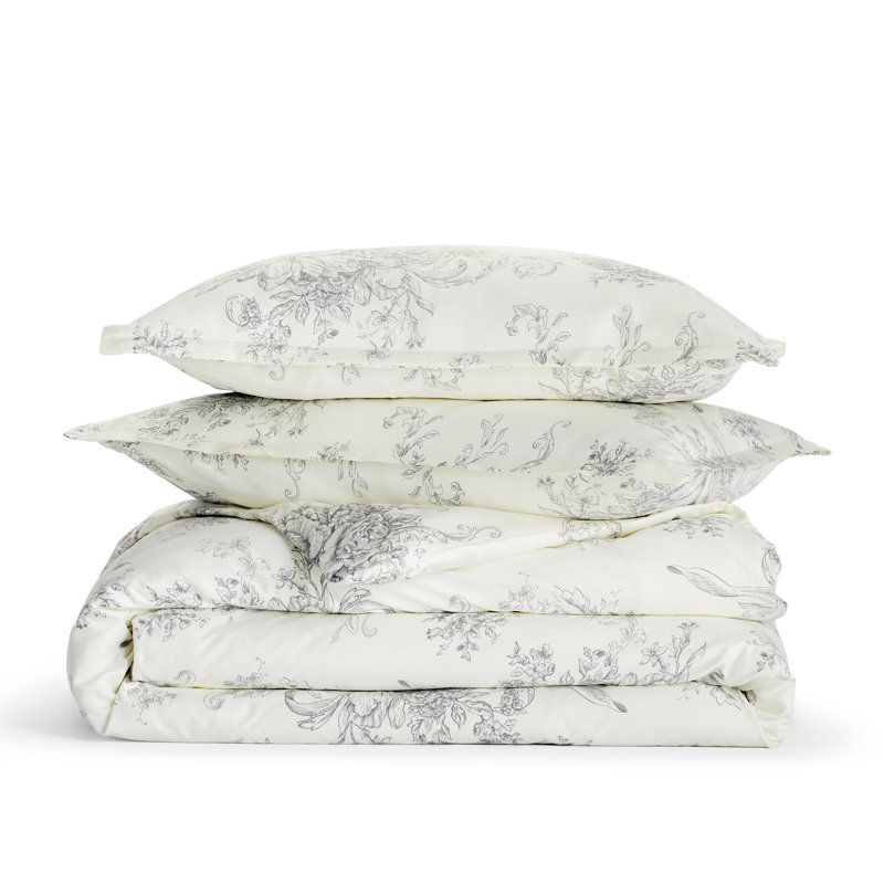 Benedictine Sateen Toile Duvet Cover, Twin/Twin XL Duvet Cover + 1 Standard Sham, Gray
