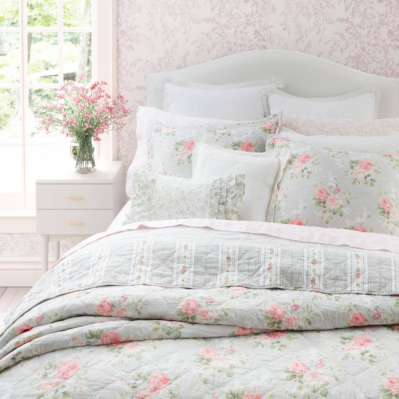 Ensemble de courtepointe réversible en coton rose Laura Ashley Melany, Courtepointe pour lit simple + 1 taie décorative
