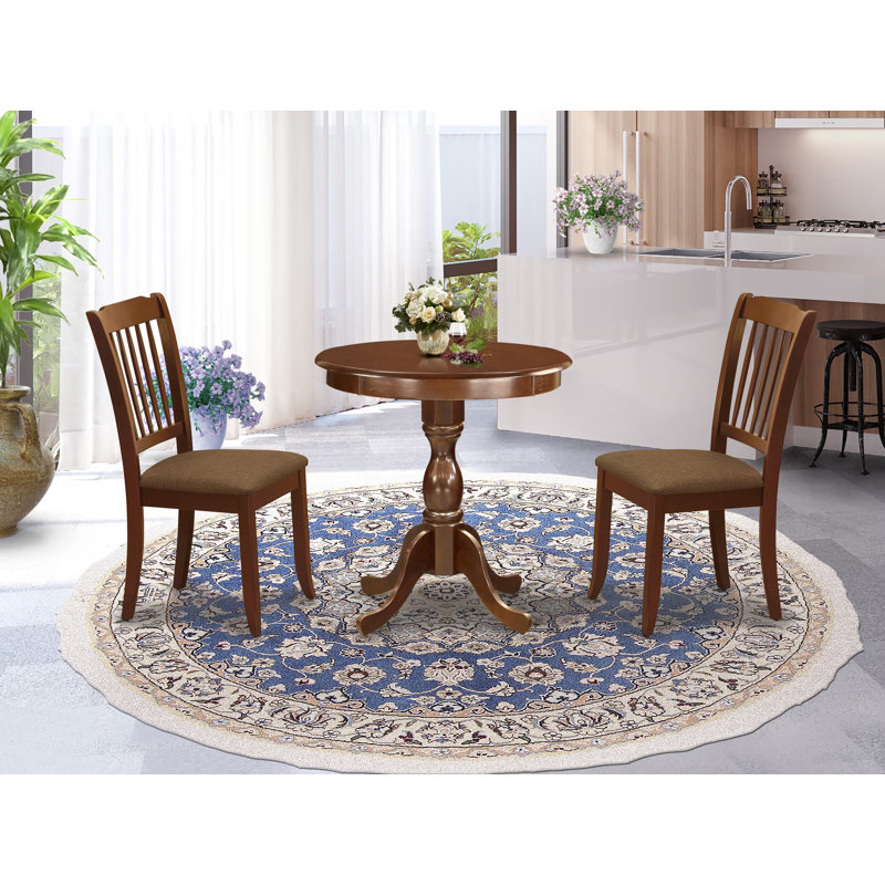 Ensemble de table de cuisine 3 pièces pour petits espaces comprenant une table ronde avec piédestal et 2 chaises de salle à manger en tissu de lin, 30 x 30 pouces, acajou
