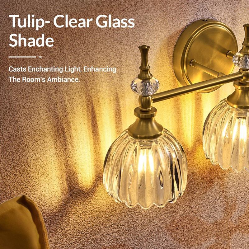 Modern Bathroom Vanity Light Fixture with Tulip Glass Shades, Brushed Gold, 2 Lights