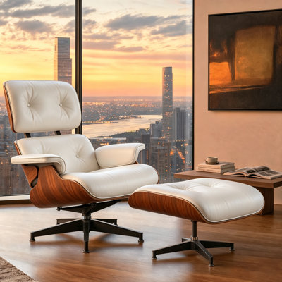 Classic Genuine Leather Swivel Lounge Chair with Ottoman for Living Room, Solid Wood Accent Chair