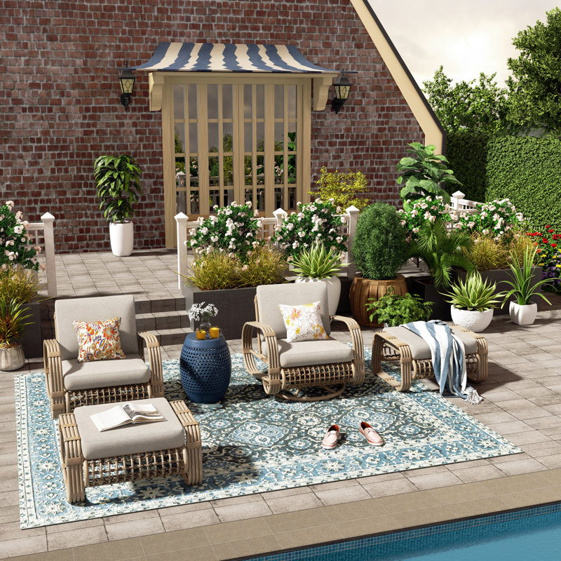 Patio Aluminum Swivel Club Chairs With Ottomans