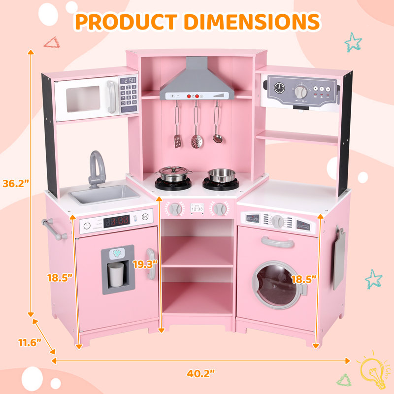 Multi-Function Kids Kitchen, Wooden Pretend Playset with Washing Machine, Realistic Range Hood, Ice Maker & Ample Storage for Endless Role Play(pink)
