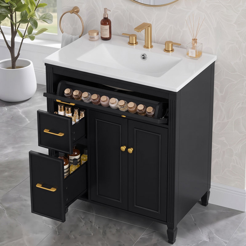 Meuble-lavabo autoportant de 76 cm (30 po) avec lavabo en céramique, porte à fermeture amortie, tiroir basculant, noir, Noir