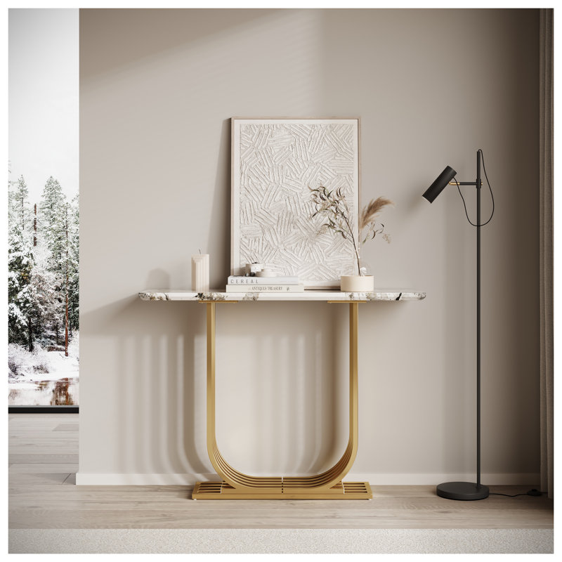 Console moderne de 43,3 pouces avec plateau imitation marbre et table d'appoint en métal doré pour le salon, la chambre à coucher et le vestibule - blanc et or