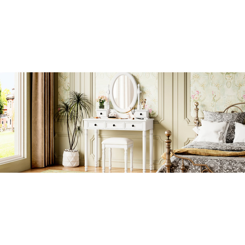 Coiffeuse blanche avec miroir à angle de 180 degrés, 5 tiroirs doublés de velours et tabouret confortable, coiffeuse de style rétro pour chambre à coucher avec rangement ovale réglable assorti en bois massif