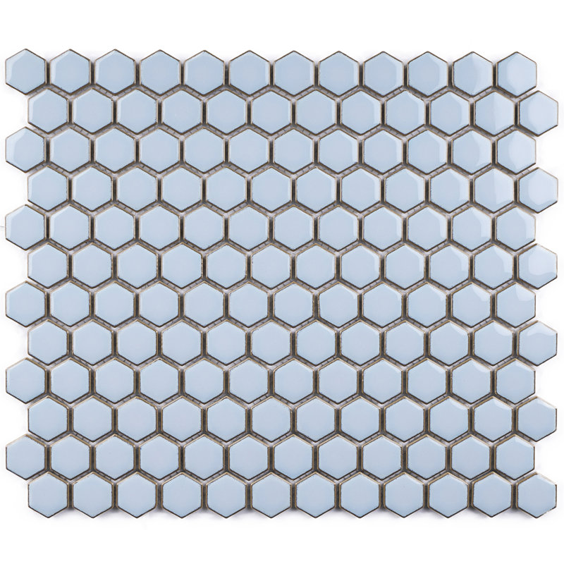 Porcetile Hex 10.24 in. x 11.82 in. Hexagon Glossy Porcelain Mosaic Wall and Floor Tile, Sky Blue