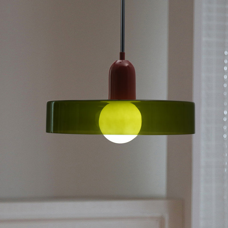 Luminaire suspendu réglable 1 lumière de style Mid-Century moderne, abat-jour en verre vert olive avec accent rouge, luminaire suspendu pour îlot de cuisine, salle à manger, salon