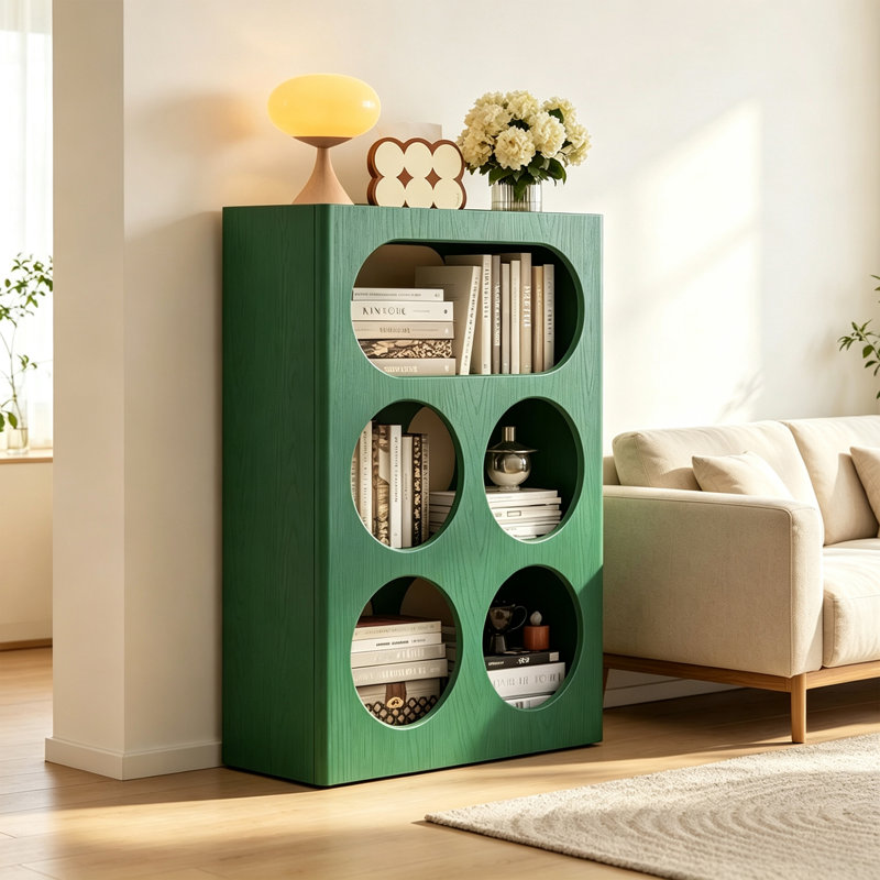 Bibliothèque ronde découpée en bois d'hévéa massif, Vert