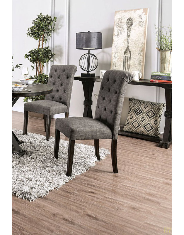 Ensemble classique de 2 chaises d'appoint capitonnées capitonnées en tissu de bois massif avec dossier à volutes et mobilier de salle à manger rustique