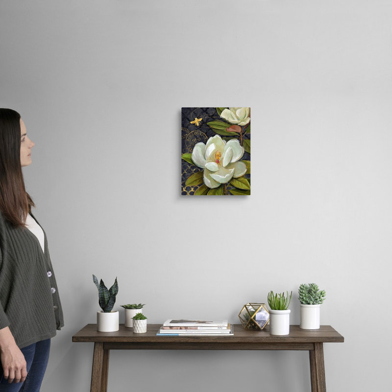 «Heirloom Magnolia» sur toile noire, H 11 po x l 14 po x P 1,25 po, Toile tendue