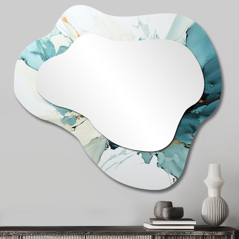 Green and grey liquid ink mirage III - Liquid Ink Asymmetrical Large Wall Mirror, Green Cloud Decorative Mirror, Printed Metal Art