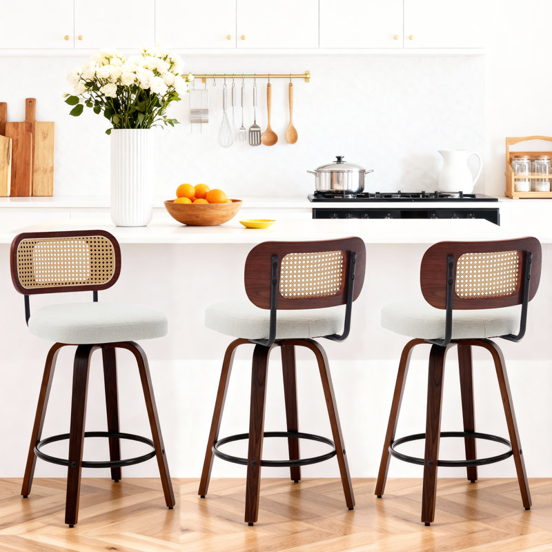 Modern Bar Stools Set Of 3, Adjustable 26 Inch Rattan Counter Height Stools With Cane Back，Swivel Counter Stools For Island/Kitchen/Counter/Bar