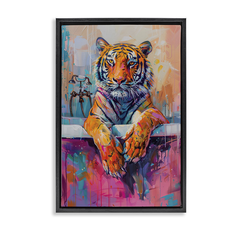 «Bathing Tiger» dans un cadre flottant de baignoire lumineux, design par LSR Design Studio, Cadre flottant noir de jais